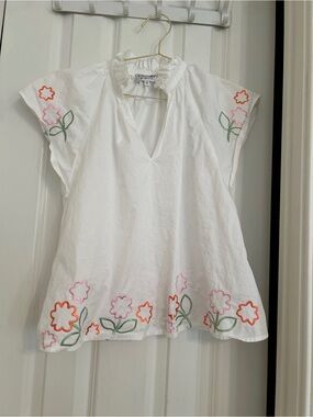 CROSBY by Mollie Burch White Ruffled Collar Blouse with embroidered flowers